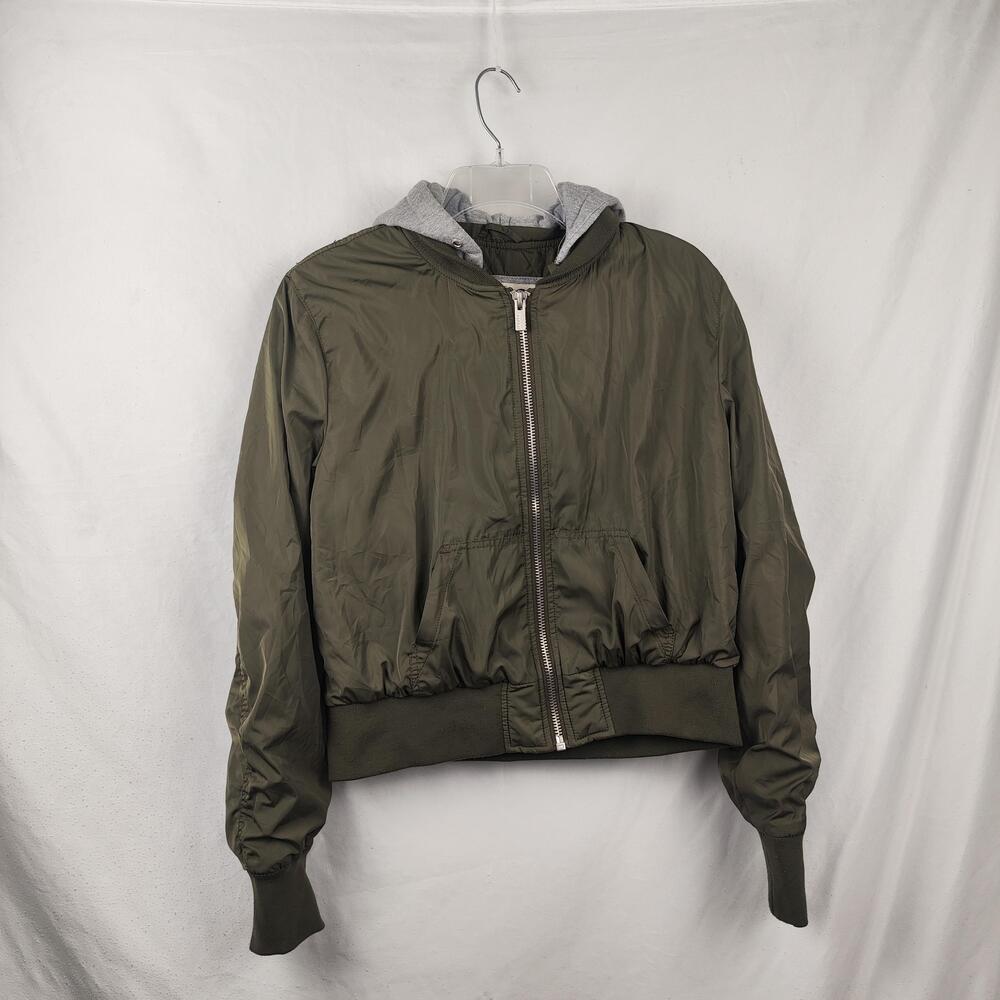 Garage Jacket Juniors Large Green Gray Hooded Bomber Full Zip Pockets Lined